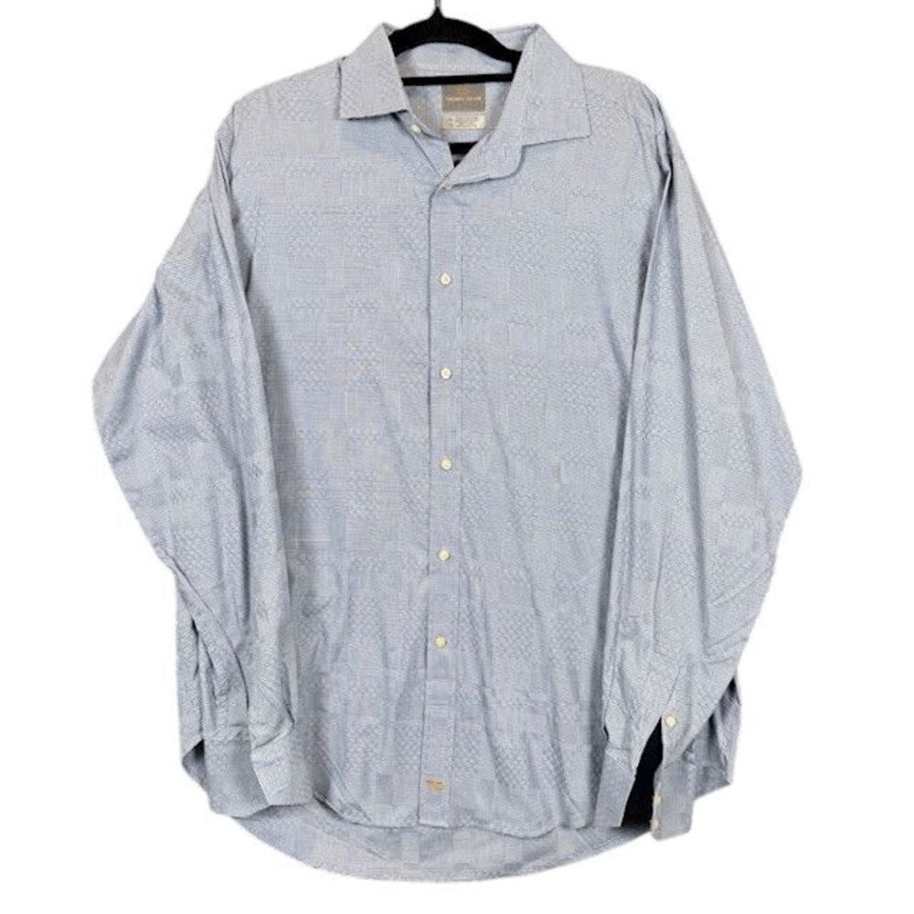 Thomas Dean Button Front Shirt Navy‎ Blue White Abstract Square Print Size XL